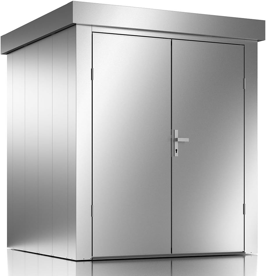 								 ILESTO Silver Metallic Garden Shed Heavy Duty Waterproof Steel Outdoor Storage - Adjustable Shelving - Lockable Metal Container - 190x190x213cm.					 								 								 								